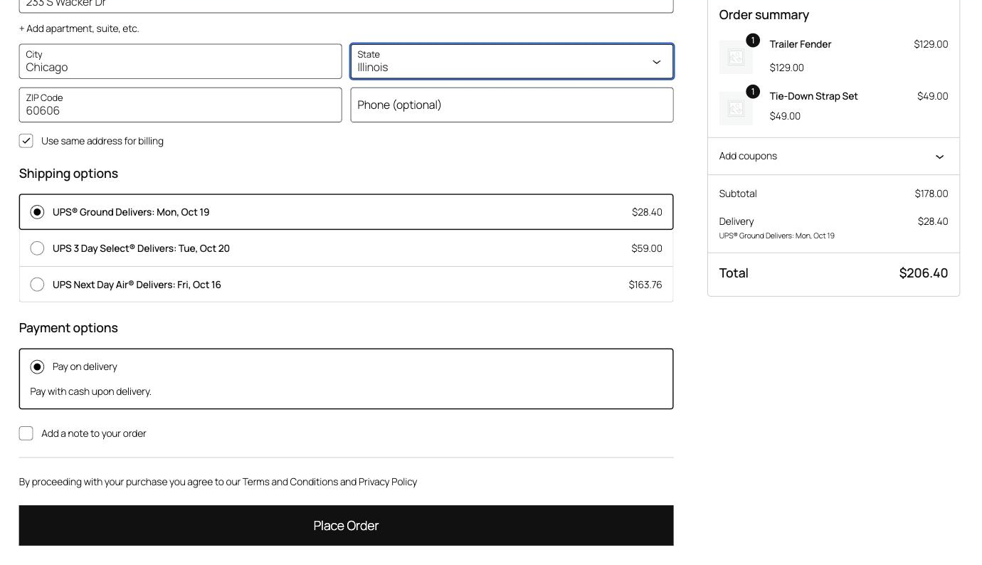 WooCommerce checkout showing UPS Ground, 3 Day Select and Next Day Air options with delivery dates, quoted on two accounts