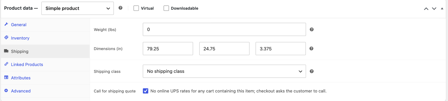 Product shipping tab with the Call for shipping quote checkbox ticked