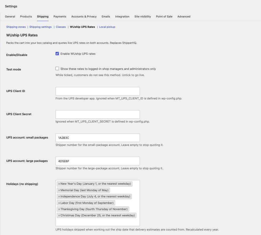 WUship settings page in WooCommerce: enable, test mode, UPS credentials, two account fields, holidays and messages